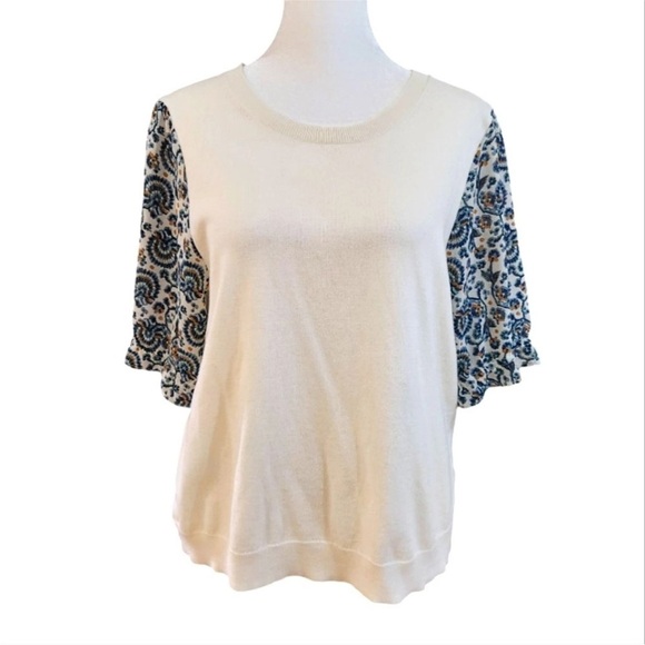J. Crew Factory Mixed Media Cream for Knit Top with Blue Paisley Sleeves - Picture 1 of 10